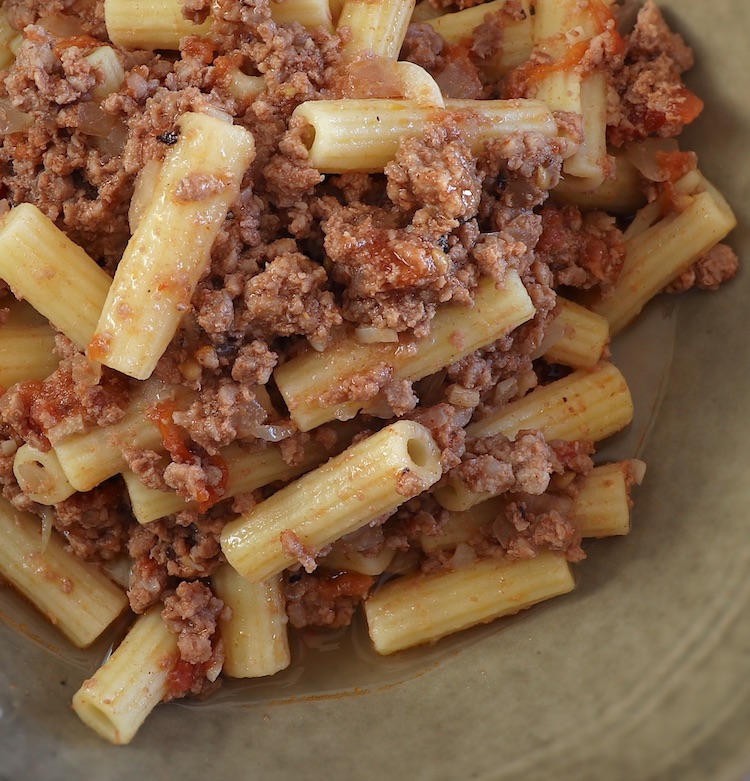 Simple ground meat pasta in a dish bowl