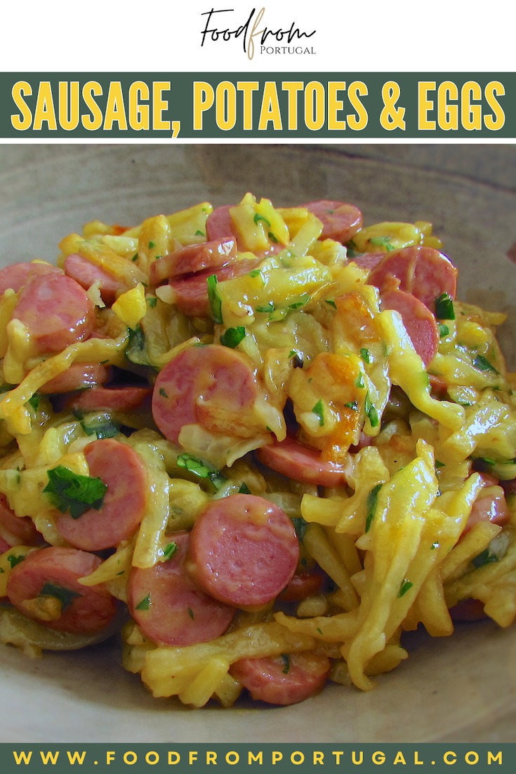 Sausage, potatoes and eggs in a dish bowl