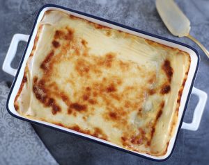 Easy Cheesy Tuna Lasagna in a baking dish