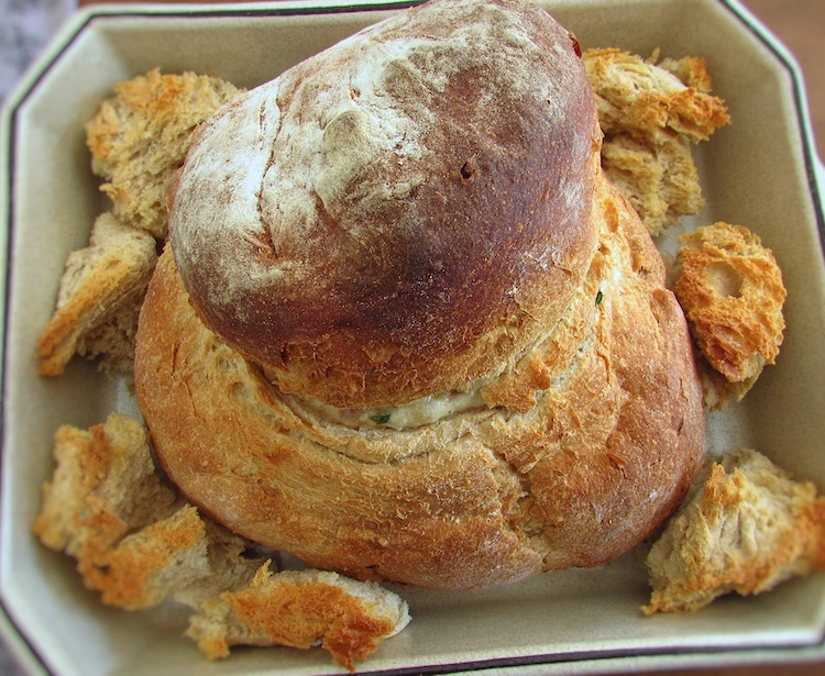 Tuna stuffed bread in a baking dish