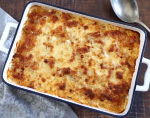 Ground beef and potato casserole in a baking dish