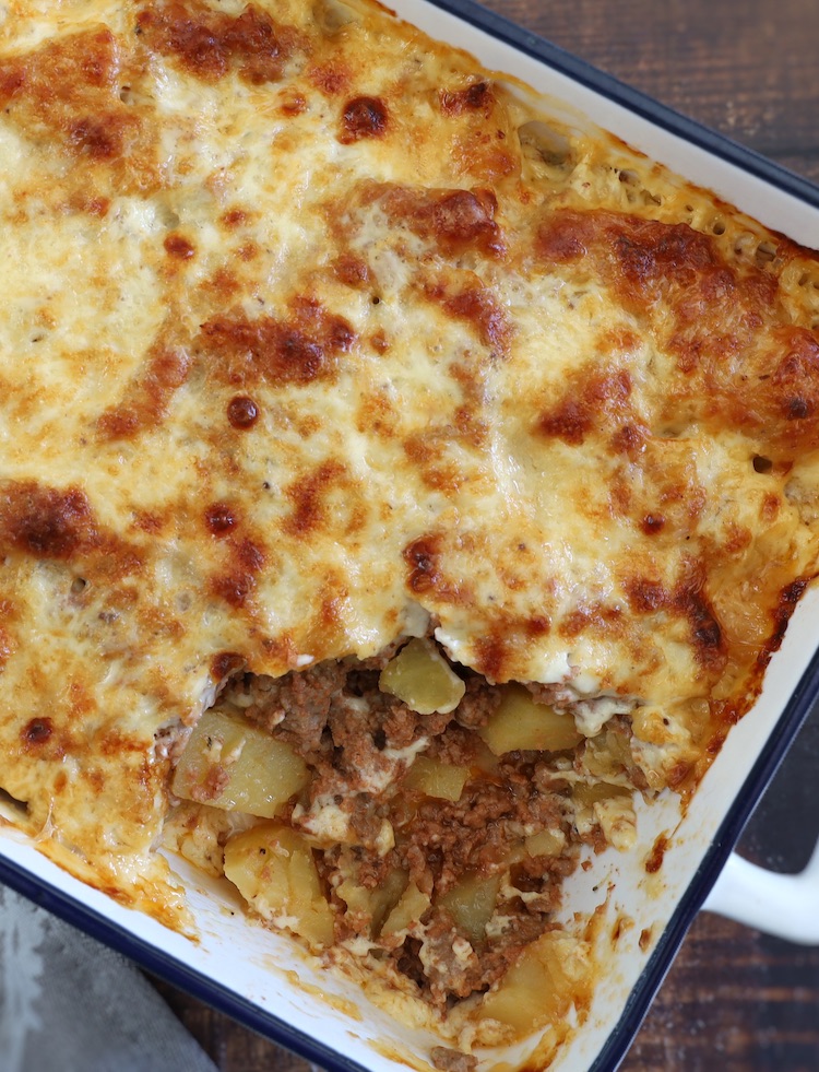 Ground beef and potato casserole in a baking dish