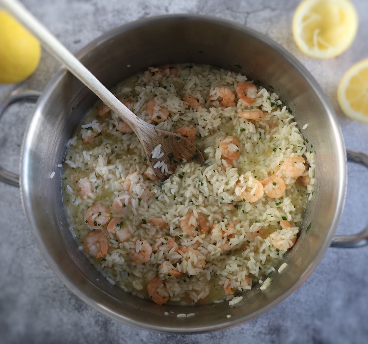 Lemon Garlic Shrimp and Rice in a large saucepan