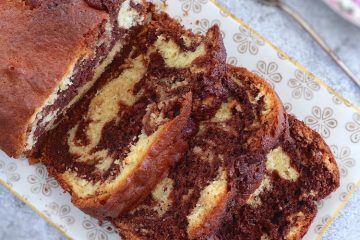 Easy chocolate lemon marble loaf cake in a rectangular platter
